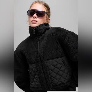 ALO Yoga Black Sherpa Bomber Jacket with Quilted Pockets